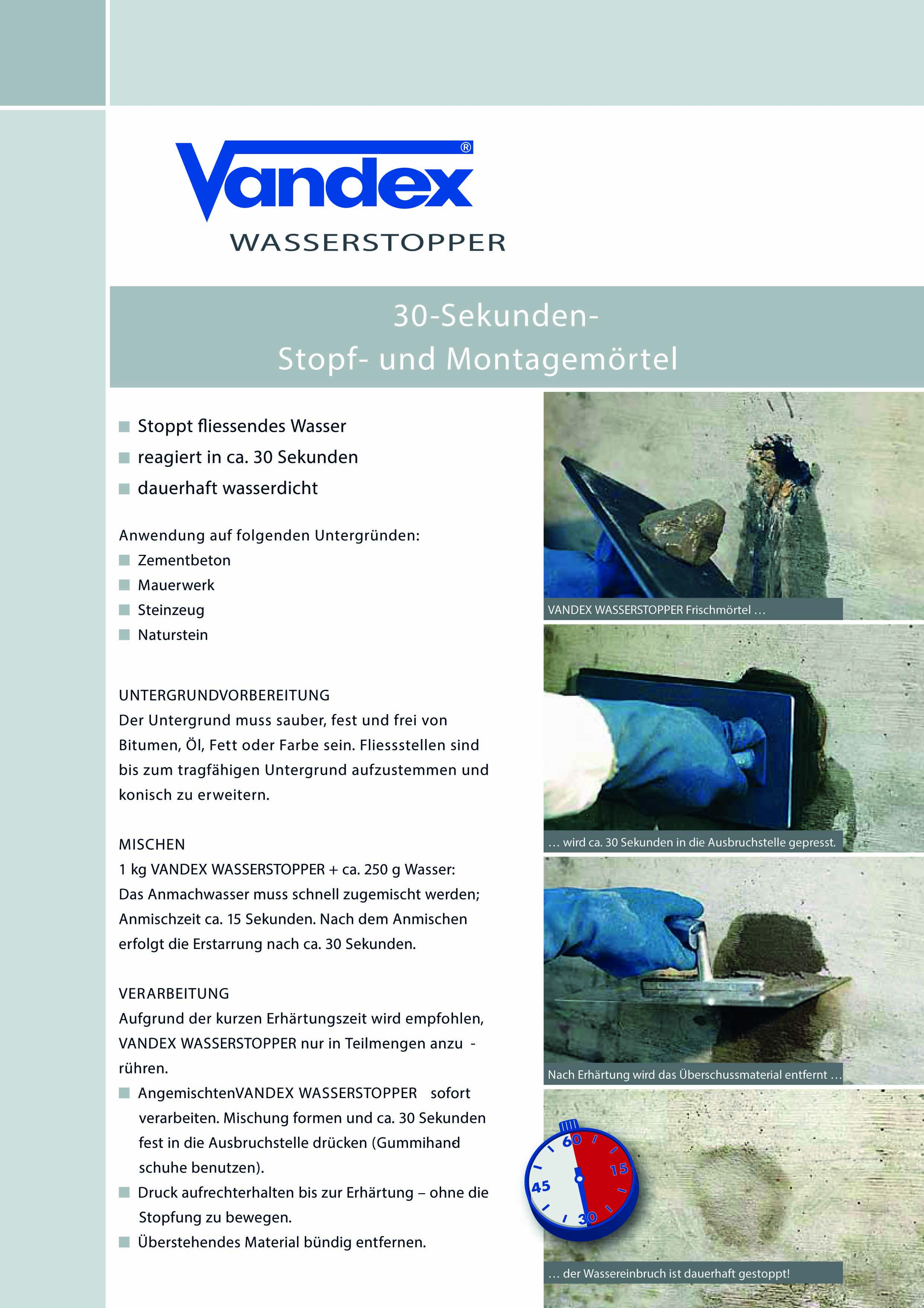 Vandex Wasserstopper - 30 Sek. Stopf- und Montagemörtel